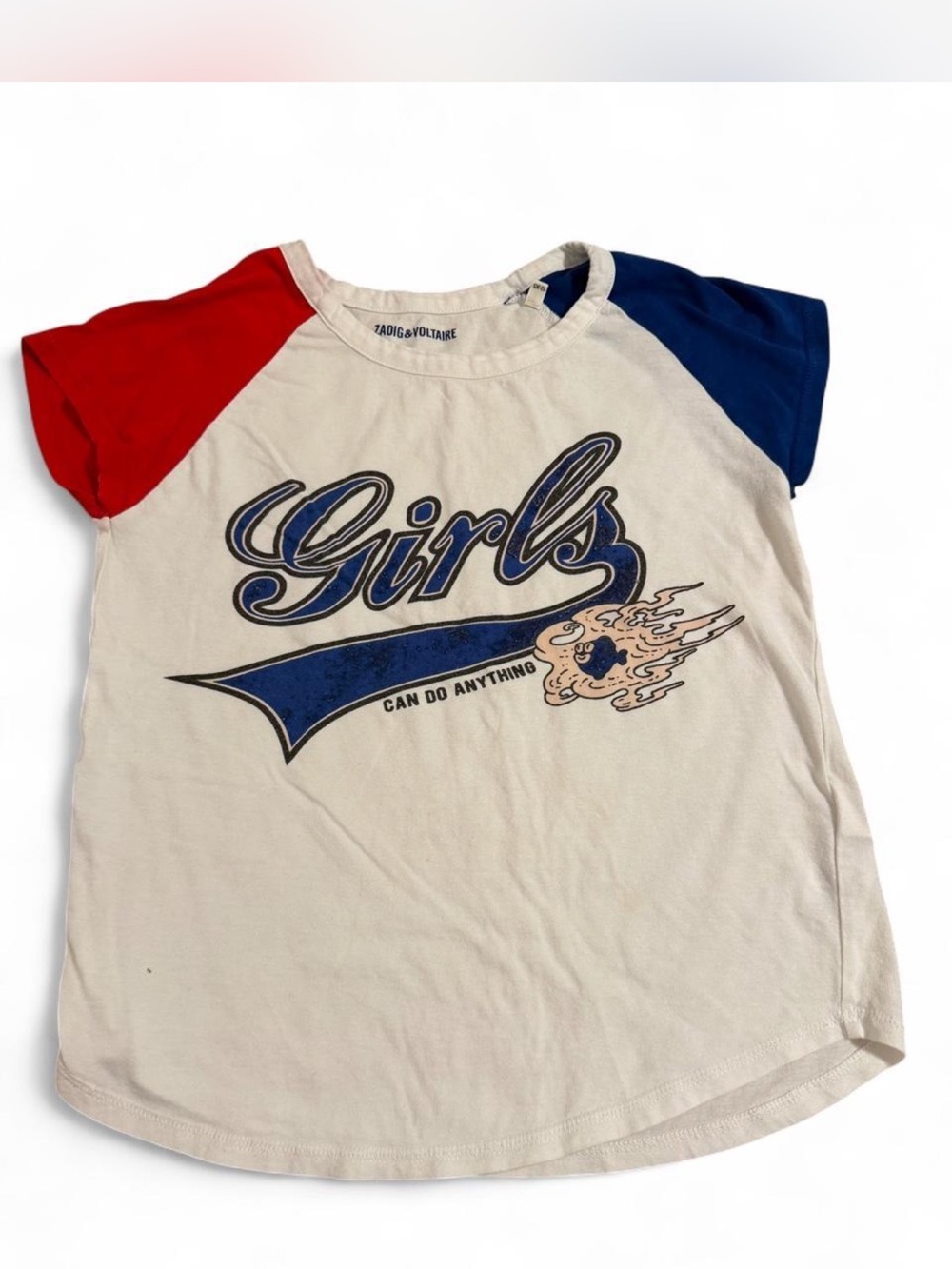 Retro Girls Graphic Raglan Tee - Red & Blue Sleeves